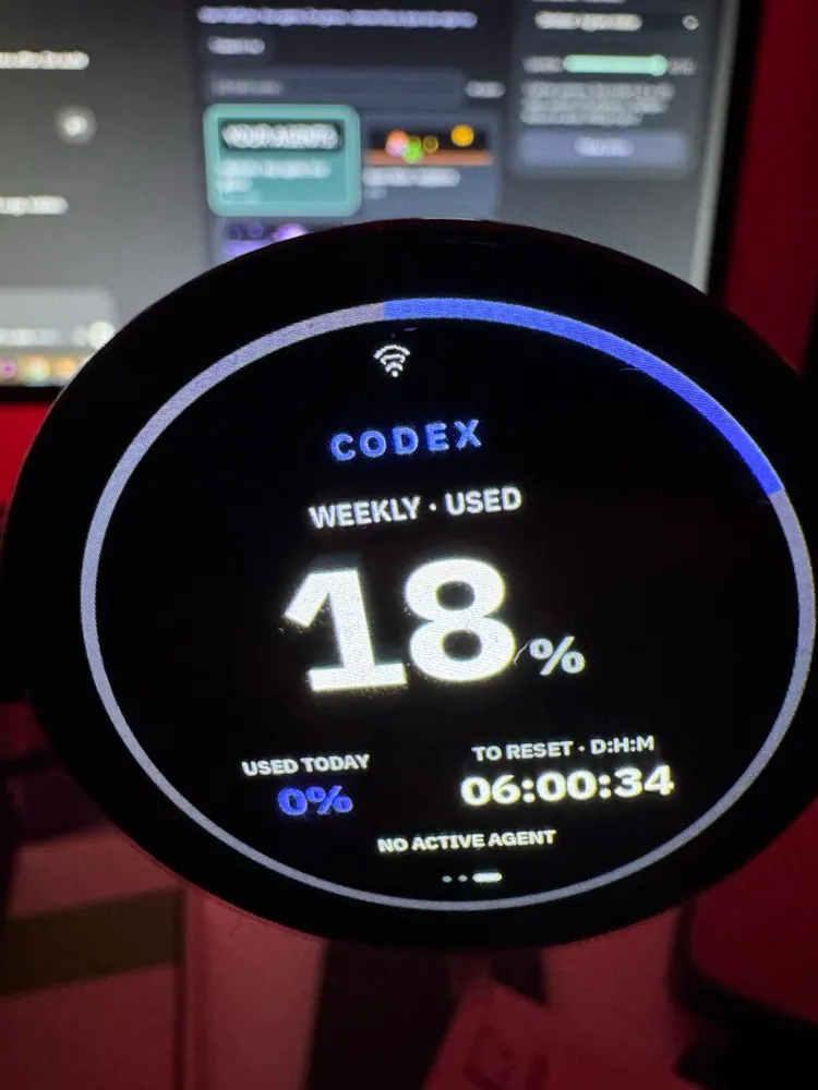 Round VibePulse screen showing weekly Codex usage