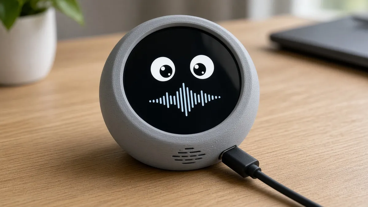 AI-generated illustration, not a real build: a round screen with cartoon eyes and a sound wave in a grey round case