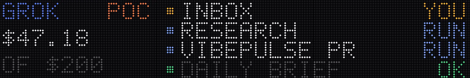 Preview, not a real photo: three-panel concept, Grok Bot status on a 192 × 32 LED matrix