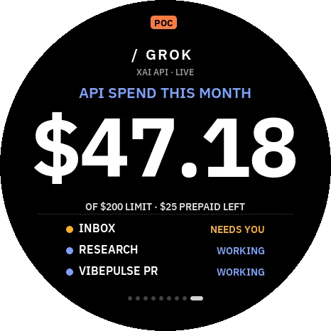 Preview, not a real photo: VibePulse-style Grok Bot dashboard rendered by the simulator at 466 × 466