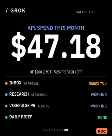 Preview, not a real photo: VibePulse-style Grok Bot dashboard rendered by the simulator at 368 × 448