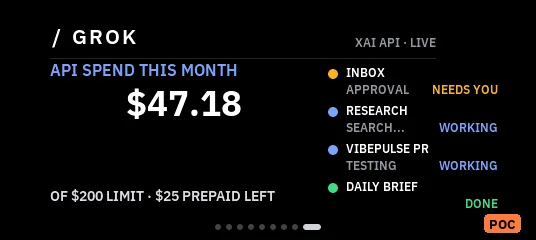 Preview, not a real photo: VibePulse-style Grok Bot dashboard rendered by the simulator at 536 × 240; shown in landscape (536 × 240), as VibePulse runs it